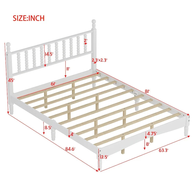 Queen Retro Platform Bed with Gourd-Shaped Headboard & Solid Wood Frame