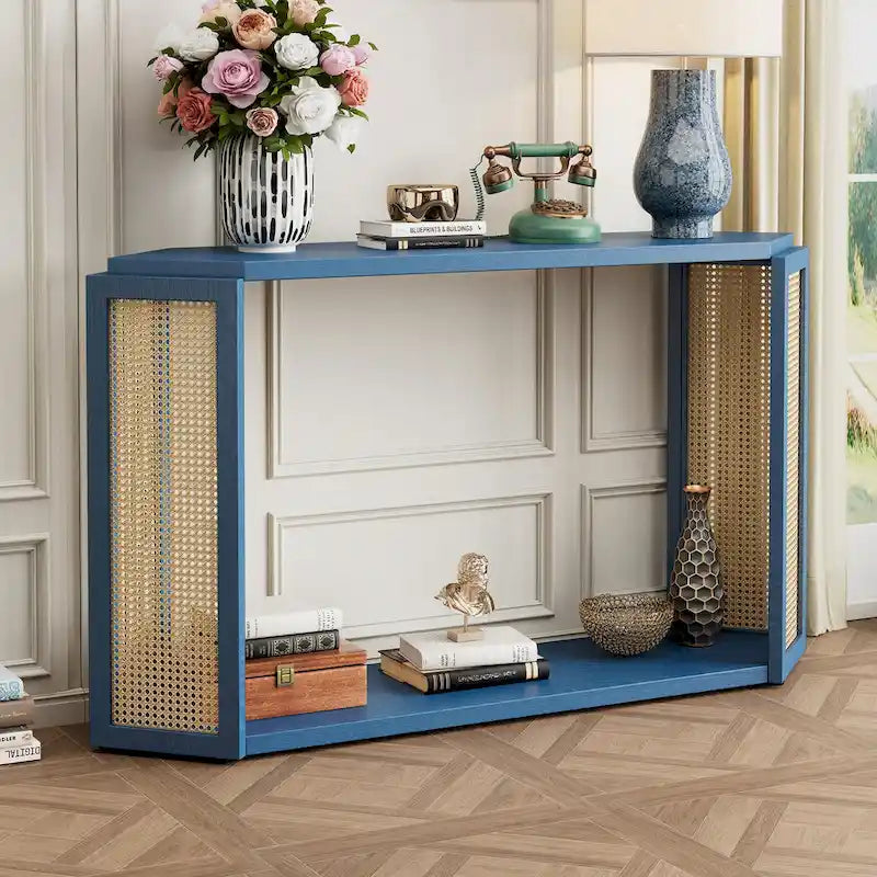 Narrow Console Table with Open Shelf,Antique Blue