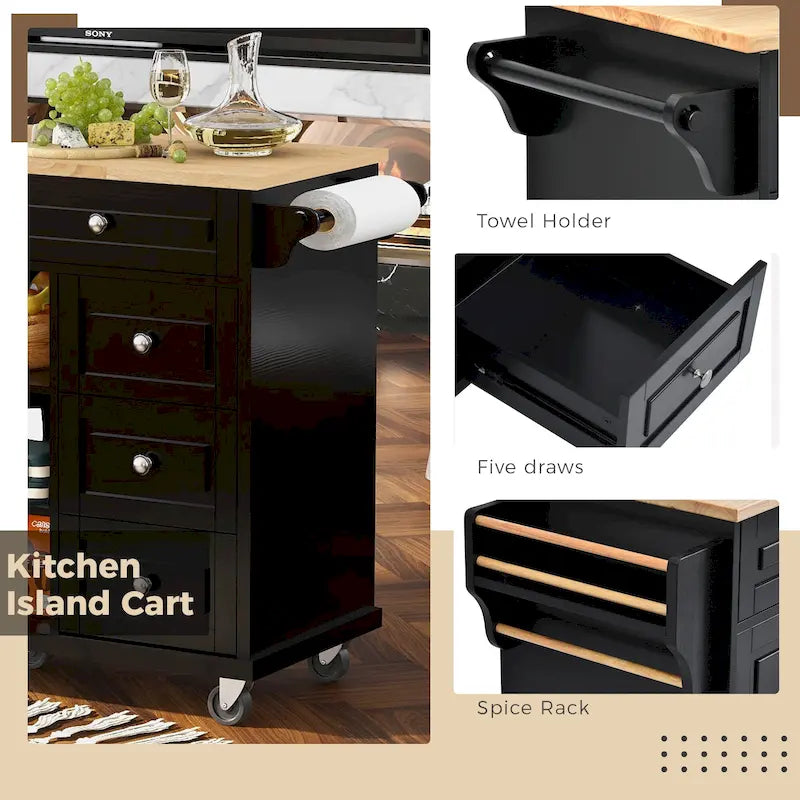 Kitchen Cart With Rubber Wood Desktop Rolling Mobile Kitchen Island With Storage And 5 Draws 53 Inch Length(no include stool)