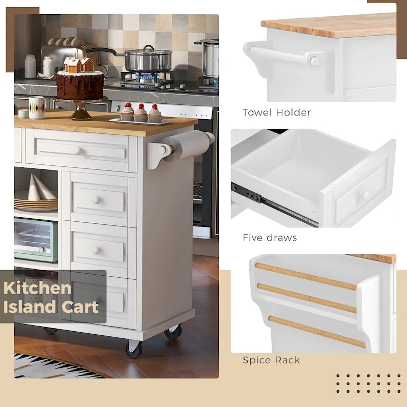 Kitchen Cart With Rubber Wood Desktop Rolling Mobile Kitchen Island With Storage And 5 Draws 53 Inch Length(no include stool)