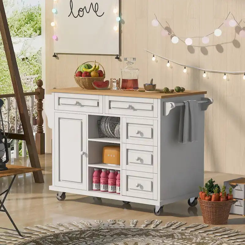 Kitchen Cart With Rubber Wood Desktop Rolling Mobile Kitchen Island With Storage And 5 Draws 53 Inch Length(no include stool)