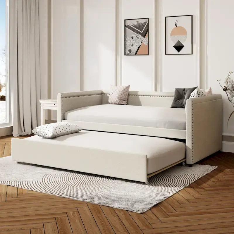 Twin Size Upholstered Daybed with Trundle Modern Linen Fabric, No Box Spring Needed