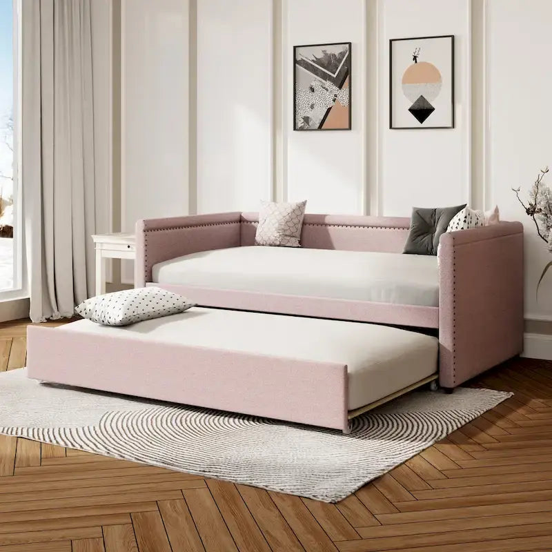 Twin Size Upholstered Daybed with Trundle Modern Linen Fabric, No Box Spring Needed