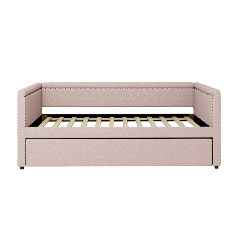 Twin Size Upholstered Daybed with Trundle Modern Linen Fabric, No Box Spring Needed