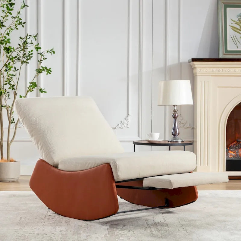 Orange+Beige Modern Corduroy Upholstered Rocker Recliner with Footrest and PU Leather Leg for Living Room, Bedroom