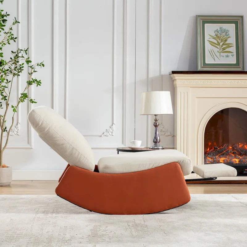 Orange+Beige Modern Corduroy Upholstered Rocker Recliner with Footrest and PU Leather Leg for Living Room, Bedroom
