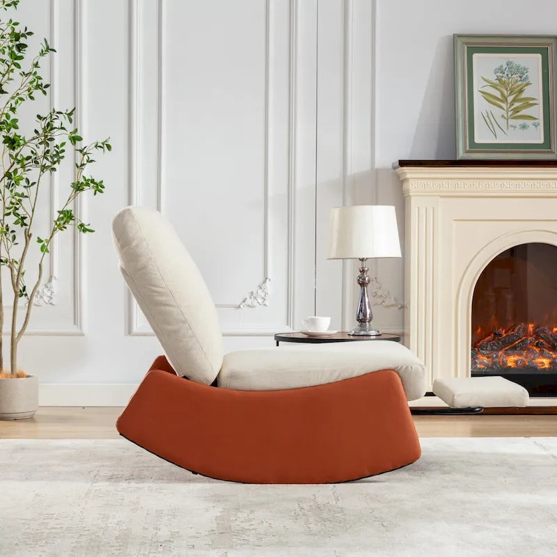 Orange+Beige Modern Corduroy Upholstered Rocker Recliner with Footrest and PU Leather Leg for Living Room, Bedroom