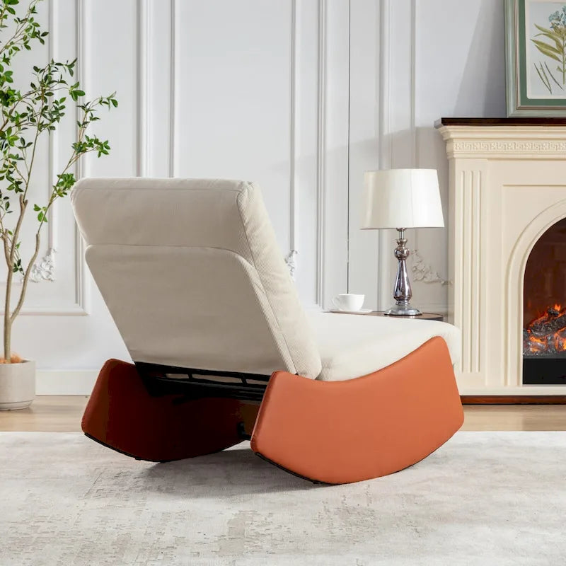 Orange+Beige Modern Corduroy Upholstered Rocker Recliner with Footrest and PU Leather Leg for Living Room, Bedroom