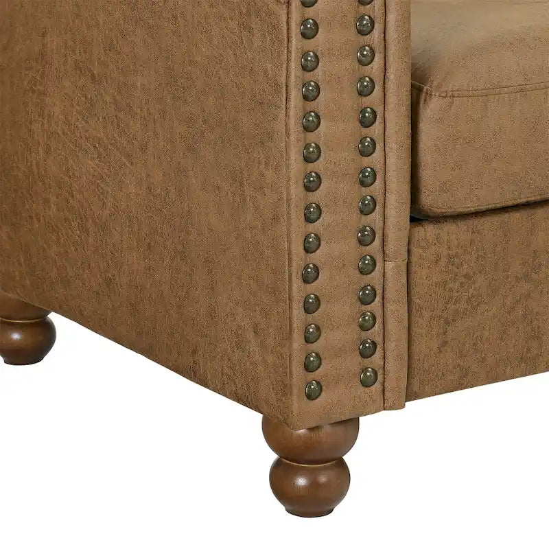 Brown 74.5 Fabric Upholstered Chesterfield Sofa with Tufted Backrest, 2 Headrests, and Sponge Cushions