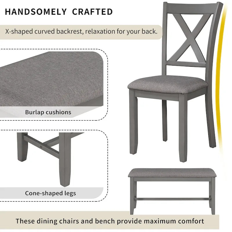 Gray Traditional 6-Piece Wooden Dining Table Set with 4 Upholstered Chairs and Bench