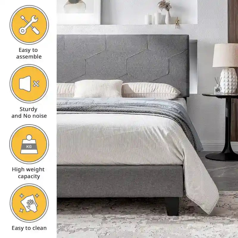 Grey Queen Upholstered Platform Bed with Wood Slat Support