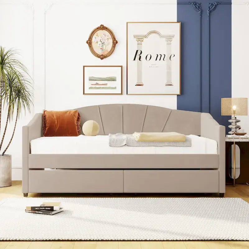 Upholstered daybed Twin Size with Two Drawers and Wood Slat Suppot