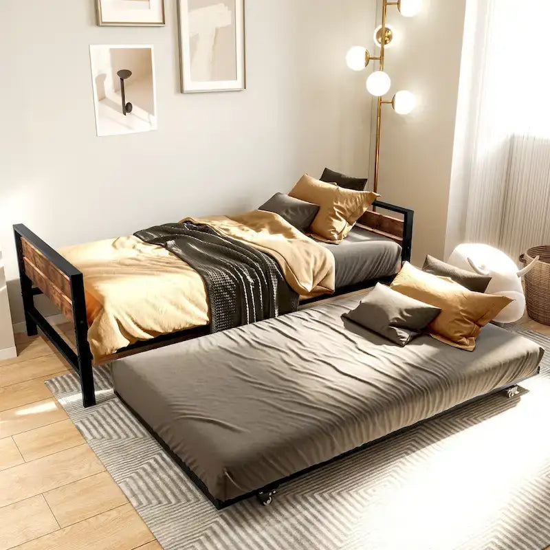 Twin Metal Frame Daybed with Pullout Trundle Heavy Duty Steel Slat Support Bed Frame