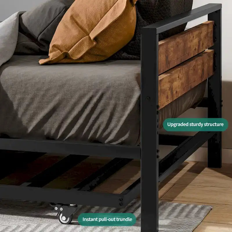 Twin Metal Frame Daybed with Pullout Trundle Heavy Duty Steel Slat Support Bed Frame
