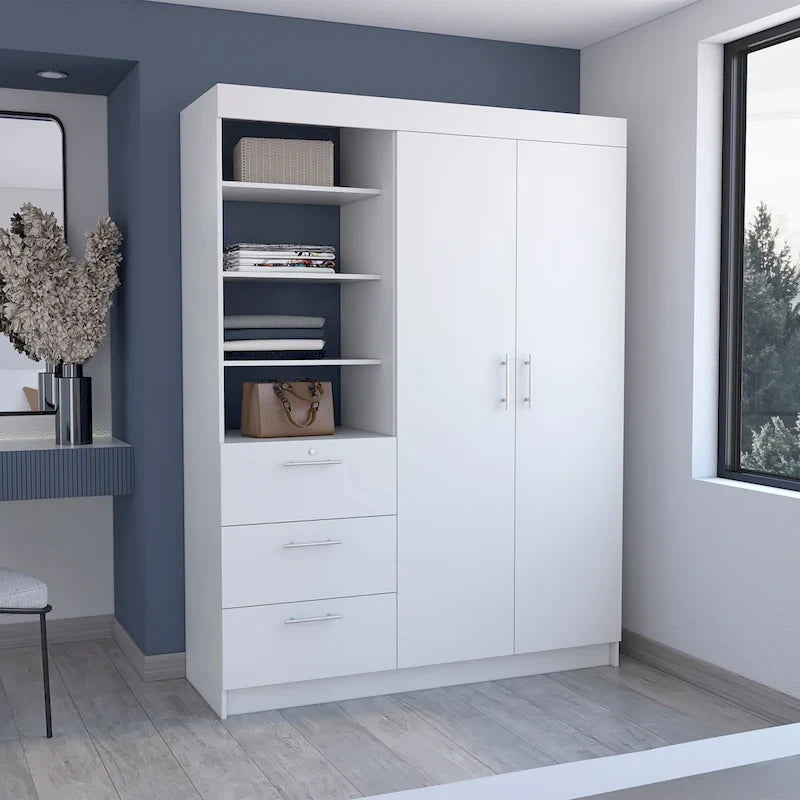 Kenya 3-Drawer Armoire with 3 Upper Shelves, 2 Hangers, Metal Handles, White - N/A