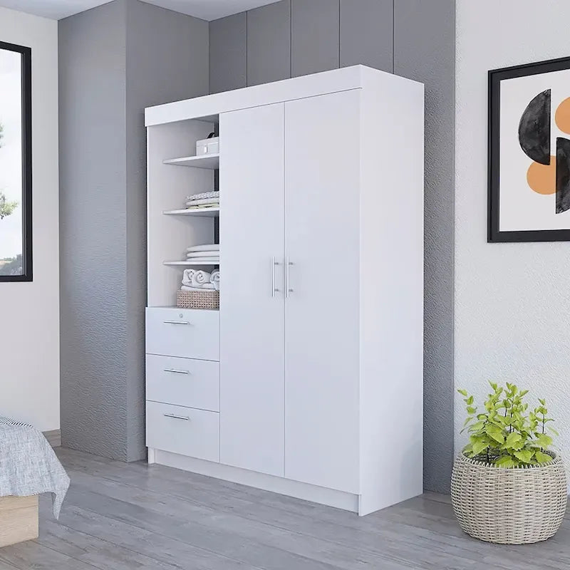 Kenya 3-Drawer Armoire with 3 Upper Shelves, 2 Hangers, Metal Handles, White - N/A
