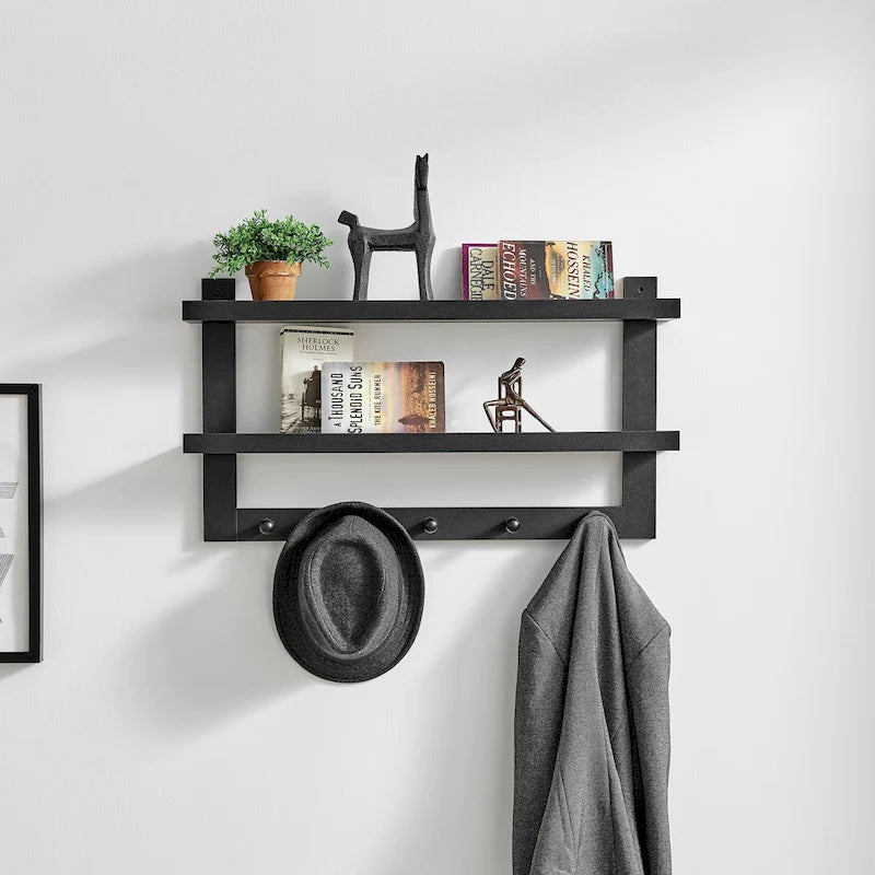  2-Tier Wall Shelf with 5 Hanging Hooks - Entryway or Bathroom