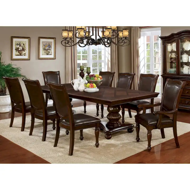 Madzharovo Traditional Brown Cherry Faux Leather Formal 9-Piece Dining Set by 