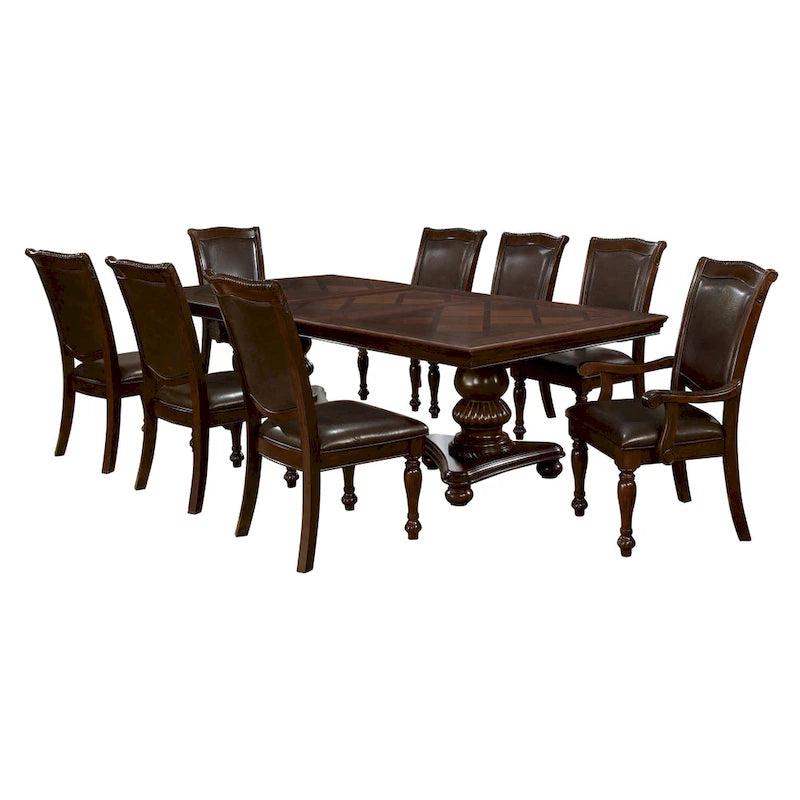 Madzharovo Traditional Brown Cherry Faux Leather Formal 9-Piece Dining Set by