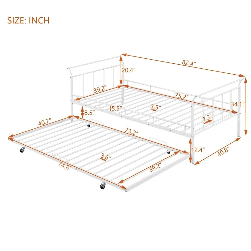 Twin Size Metal Daybed with Curved Handle Design and Twin Size Trundle