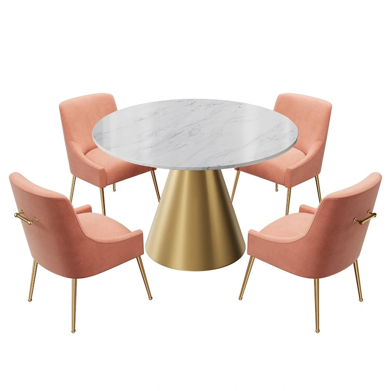 48 Marble Top Metal Dining Table with Velvet Dining Chair Set