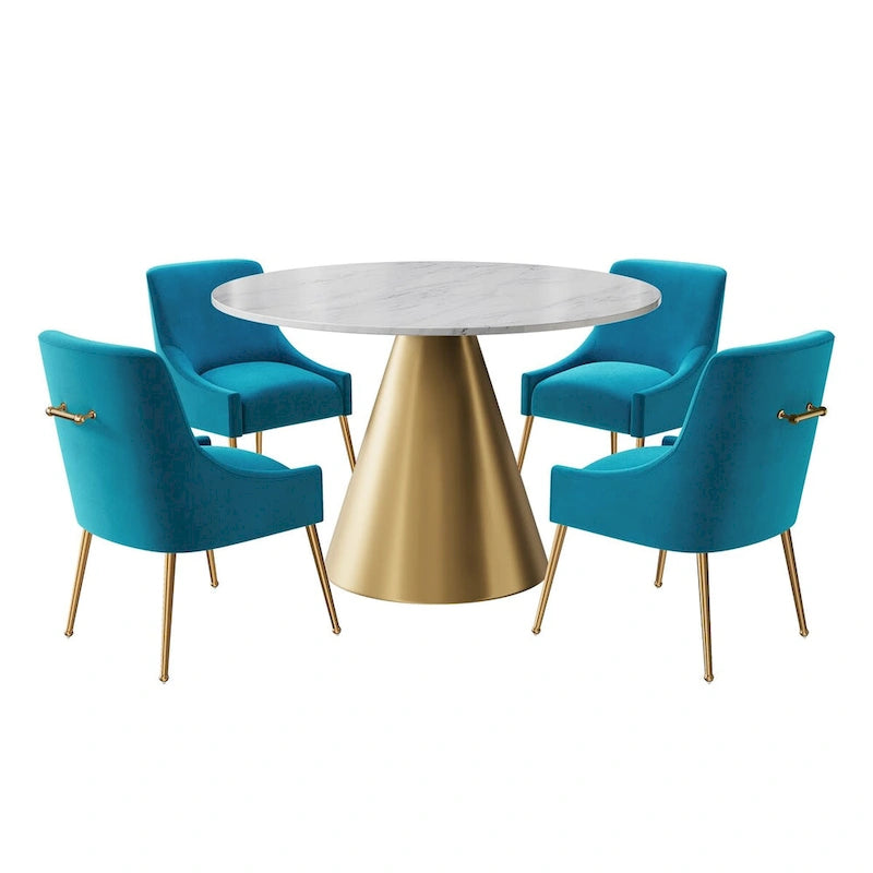 48 Marble Top Metal Dining Table with Velvet Dining Chair Set