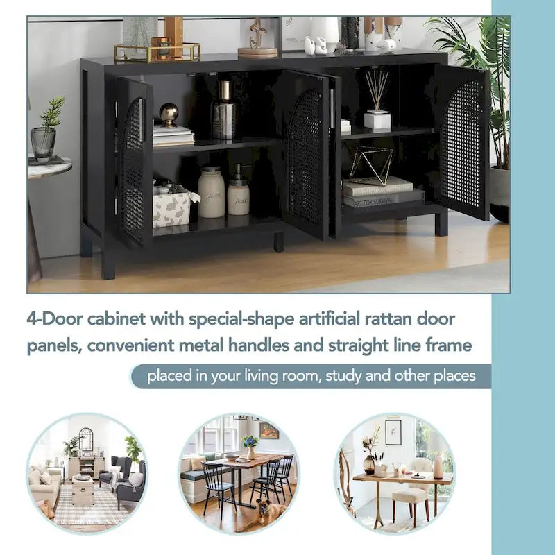 Sideboard with Artificial Rattan Door and Metal Handles - 47.2L x 11.8W x 31.5H