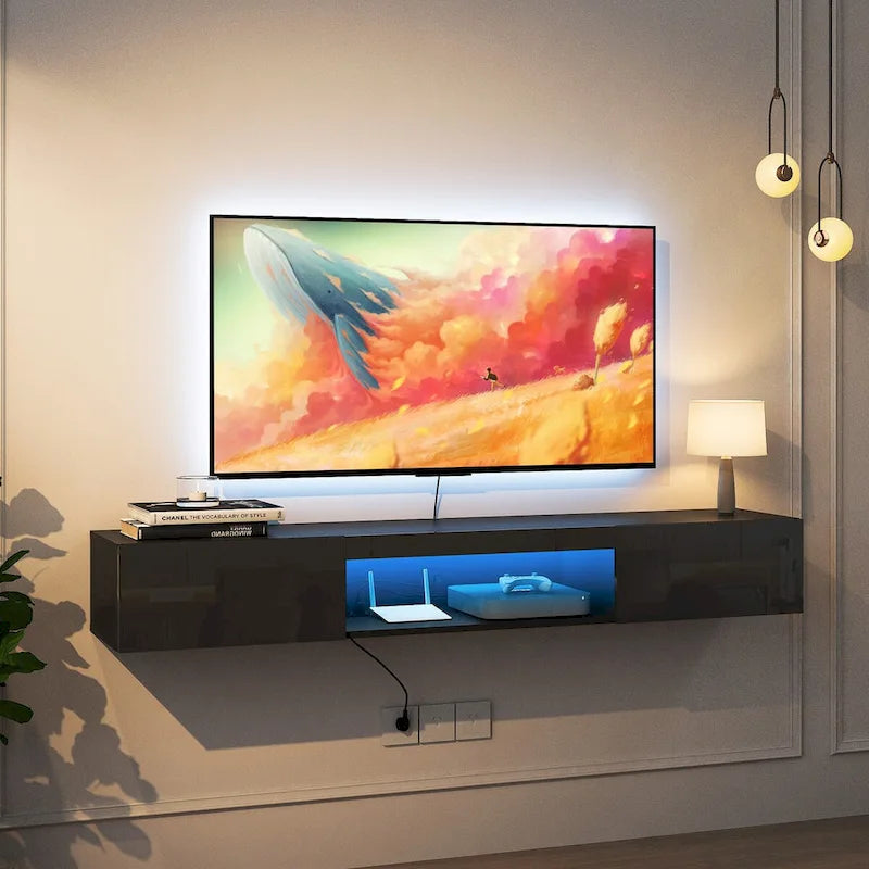 Floating TV Stand Wall Mounted with 20 Color LEDs for 55 60 65 Inch TV