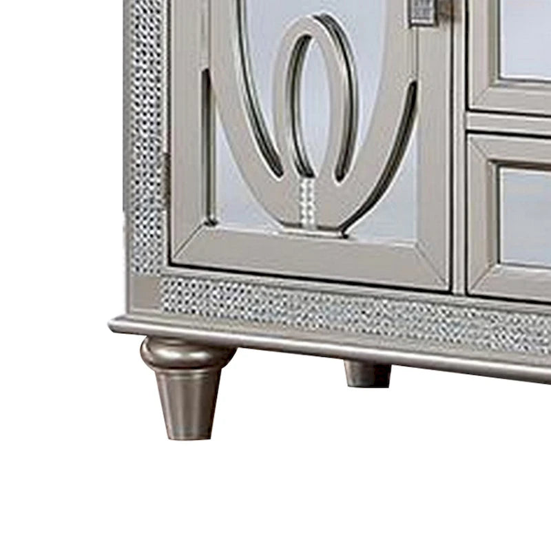 Cate 54 Inch Buffet Server Console, 2 Doors, Wine Rack, Mirrored, Silver