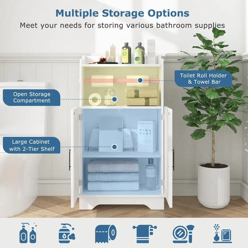 Javlego Bathroom Storage Cabinet, Wooden Floor Cabinet with 2 Doors and Toilet Roll Holder, Adjustable Shelf